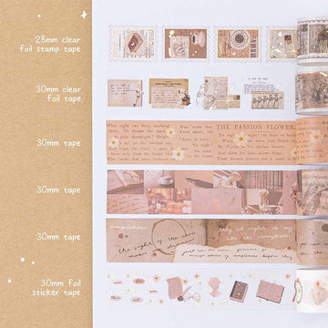 Tsuki Light Academia Washi Tape Set swatch on white page dotted bullet journal